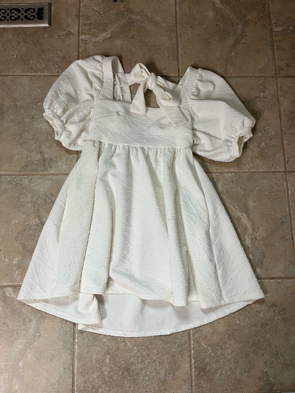 White Textured Puff-Sleeve Dress